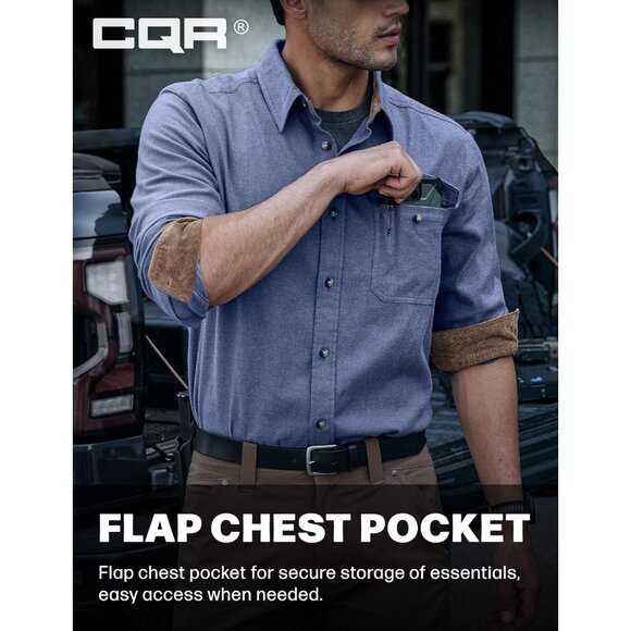 Mens  Corduroy French Blue Cotton Flannel Shirt Long Sleeve Casual Outdoor Plaid - Picture 6 of 9